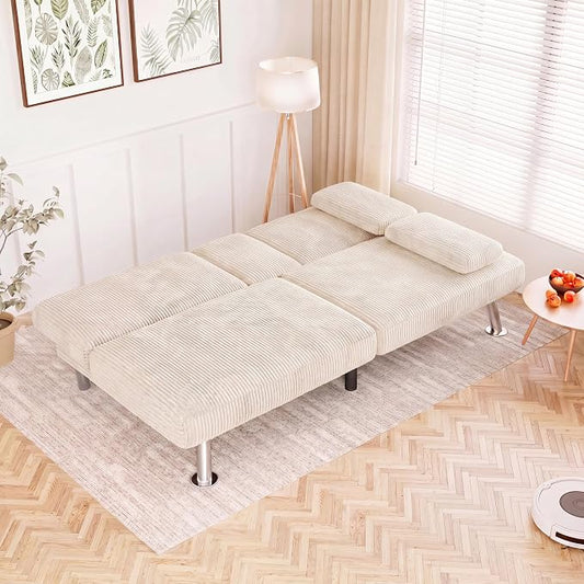 Flamaker Futon Sofa Bed Corduroy Folding Couch Adjustable Sleeper Sofa Bed for Small Apartment Upholstered Living Room Furniture Set with 2 Cup Holders Removable Armrests (Corduroy, Beige)