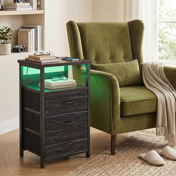 Fixwal Night Stand with Charging Station, LED Nightstand with Fabric Drawers, End Table with PU Finish, Bed Side Table, Black Oak