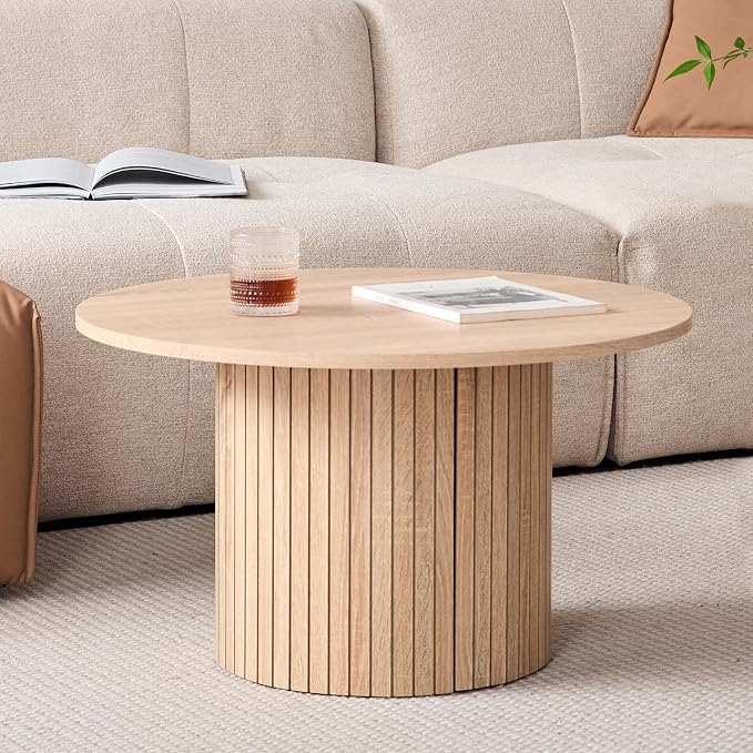 Round Nesting Coffee Tables for Living Room, Set of 2, Natural | φ27.6 + φ15.8 Boho Small Circle Side Tables, Fluted Drum Design Easy Assembly Minimalist Modern End Table Wood Grain Finish