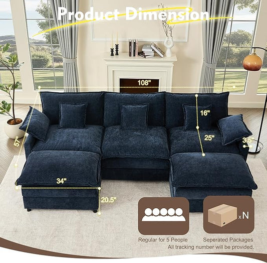 GOSUHI 108" U-Shaped Modular Cloud Couch, Deep Seat, Chenille Navy | Cloud Comfort, Couches for Living Room, Removable & Machine-Washable Covers, Movable Ottoman, Modular Sectional Sofa