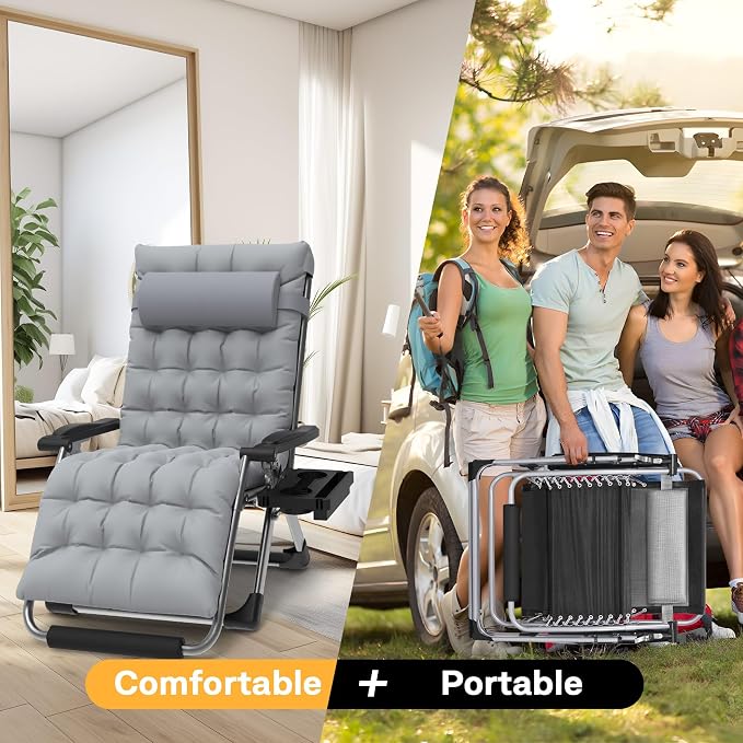 Slendor Oversized Zero Gravity Chairs XXL, 33In Padded Zero Gravity Lounge Chair, Lawn Recliner, Folding Patio Reclining Chair w/Aluminum Alloy Lock, Headrest, Cup Holder, Support 500lbs, Grey