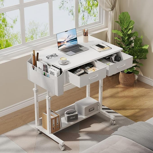 WINAZ Small Rolling Desk with Drawers & Storage - 32 Inch Adjustable Height Standing Desk on Wheels for Teachers, Students, Portable Mobile Workstation for Home Office, Small Spaces, Sewing & Crafts