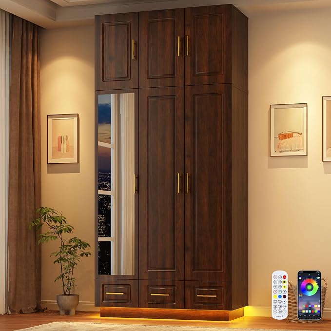 Hlivelood Large Armoire Wardrobe Closet Cabinet with Drawers and LED Lights, Multi-Tier Shelves, Hanging Rod, Large Capacity Storage 3 Door Wardrobe Armoire with Top Cabinet for Bedroom, Brown