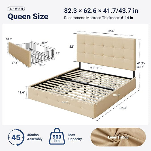 Allewie Upholstered Queen Size Platform Bed Frame with 4 Storage Drawers and Headboard, Square Stitched Button Tufted, Mattress Foundation with Wooden Slats Support, No Box Spring Needed, Beige