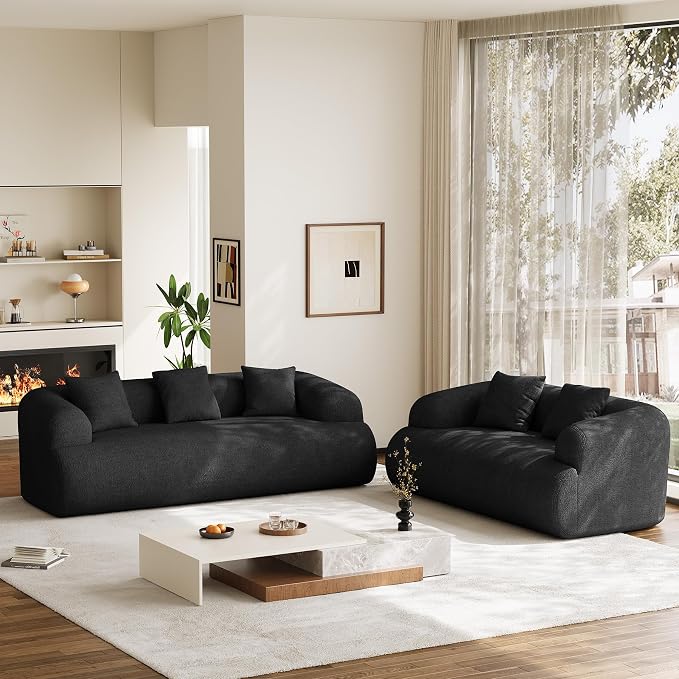 Boneless Couch Set, 91" + 75'' Cloud Couch Set, Chenille Curved Sofa, Modern Compression Sofa for Living Room, Bedroom and Apartment, No Assembly Required, Black