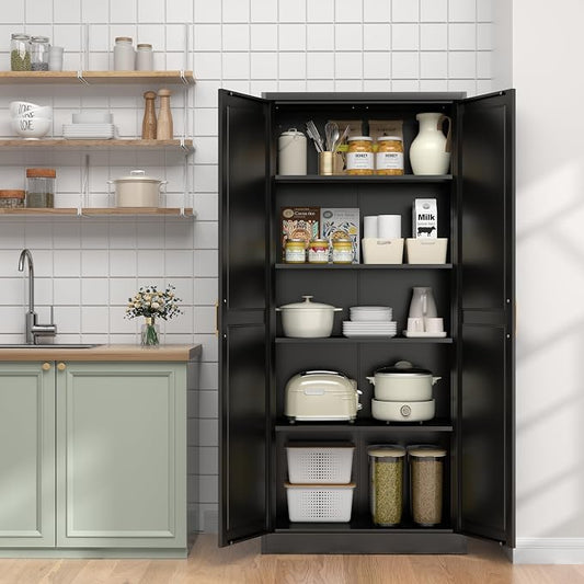 UNICOLY 71" Kitchen Pantry Cabinet, Pantry Storage Cabinet with Doors and 4 Shelves, Metal Storage Cabinets for Kitchens, Living Room, Dinning Room, Assembly Required, Black