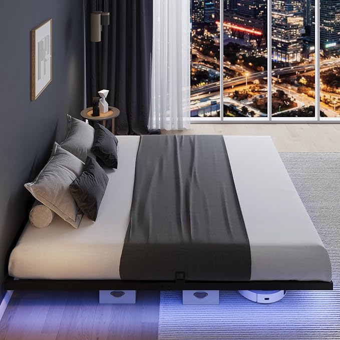Novilla Floating Bed Frame with LED Lights, Modern Platform King Size Bed Frame with Mattress Slide Stopper, Easy Assembly, No Box Spring Needed, Noise Free