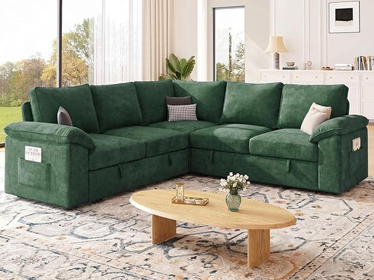 85 Inch Modular Sectional Sofa with Pull Out Bed, L Shaped 5 Seat Sectional Sleeper Sofa with Storage, Sectional Couches for Living Room, Cloud Modular Couch,Removable Sofa Cover,Green