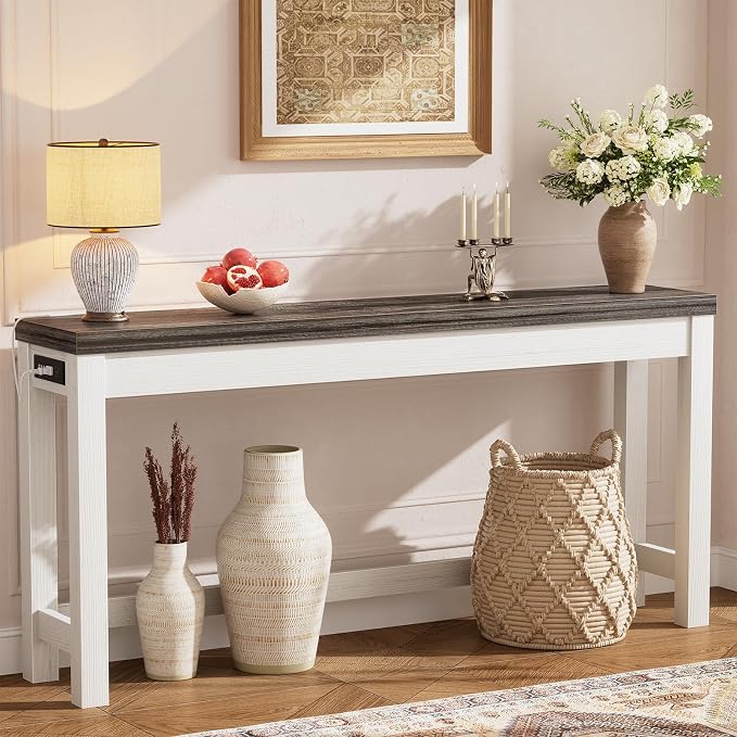 Cyclysio 63" Console Table with Charging Station, 13.8" Deep Farmhouse Sofa Table Behind Couch with 2 AC Outlets & 3 USB Ports, Long Entryway TV Console or Home Office Desk, Oak Grey