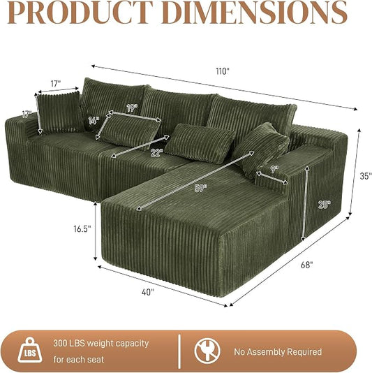 110" L Shaped Cloud Boneless Sectional Couches for Living Room, Modern Comfy Modular Deep Seat Memory Foam Compressed Corduroy Sofa Oversized Right Facing Chaise, No Assembly Required, Green