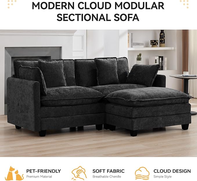 76'' Cloud Deep Seat Loveseat Sofa, Upholstered Chenille Modular 2-Seats Sectional Sofa Couch with Movable Ottoman, Modern Comfy Settee Loveseat for Living Room Set, Small Apartment, Dark Grey