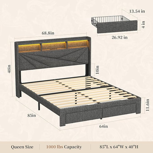 Queen Bed Frame with Storage Headboard, Upholstered Queen Size Bed Frame with LED Lights, USB Charging Station & 2 Storage Drawers, No Box Spring Needed, Dark Grey