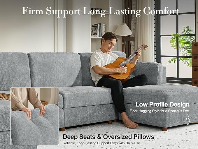 Oversized Modular Sectional Sleeper Sofa Bed Cloud Couches Gray | Deep Seat Couch for Living Room, 8 Seater Luxury Comfortable Sofa with Ottoman, Solid Wood Frame, Removable Washable Cover