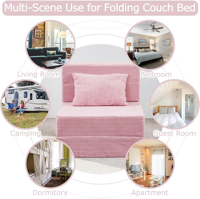 Folding Sofa Bed, 4 in 1 Convertible Sleeper Chair with Pillow, Single Memory Foam Fold Out Chair Bed, Modern Floor Futon Sofa Couch Mattress for Living Room/Guest/Apartment, Pink