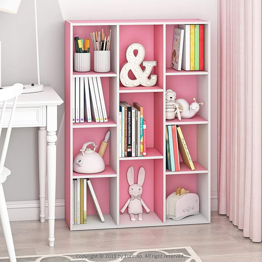Furinno LUDER Book Shelf, 11-Cube Bookshelf, Reversible Bookcase, 9.4 x 29.1 x 41.7, Easy Assembly, for Living Room, Bedroom, Home Office, White/Pink