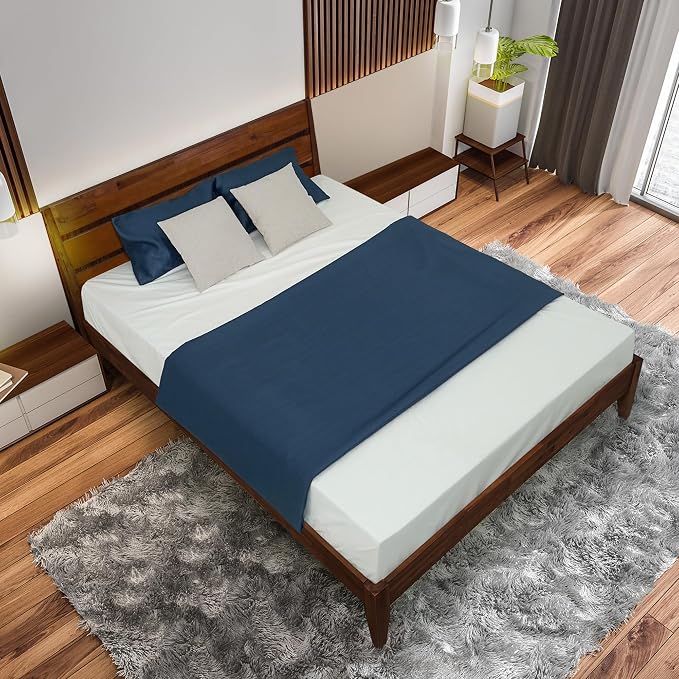 Acacia Emery Bed Frame with Headboard Solid Wood Platform Bed, Queen Size Bed Frame, Mid - Century Modern Wood Bed Compatible with All Mattresses, Easy Assembly, Non-Slip, Chocolate.