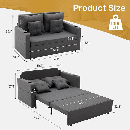 Busaurus 3 in 1 Convertible Sofa Bed, 56" Full Size Pull Out Couch, Loveseat Sleeper with Storage Pocket, USB, Comfy Sleeper Sofa Bed for Living Room, Bedroom, Small Space, Deep Grey