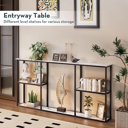 WOHOMO Console Table, Small Modern Entryway Table for Entry, 3-Tier Long Sofa Table Behind Couch for Living Room, Entrance, White Marble (63 inch)
