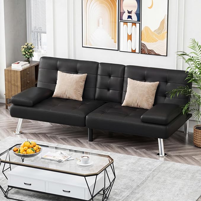 Homall Futon Sofa Bed, Leather Futon Couch with Removable Armrests, Adjustable Recliner Sleeper Sofa Bed with Dual Cup Holders for Living Room, Apartment, Office (Black)