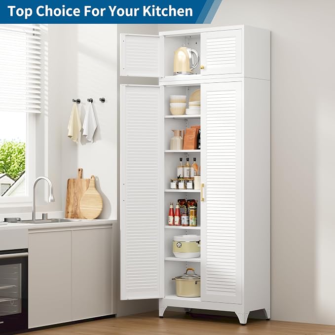 90" Metal Storage Cabinet with Louvered Doors, Heavy Duty Steel Wardrobe, Tall Kitchen Pantry Cabinet with Adjustable Shelves, 2 Packages, White