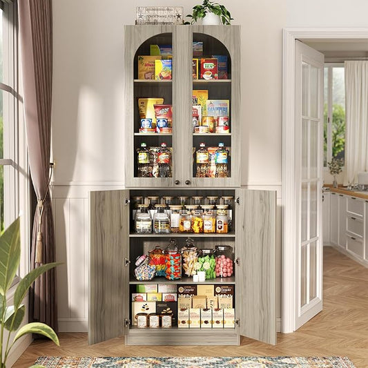 Cyclysio 80" Kitchen Pantry, Tall Arch Storage Cabinet with Tempered Glass & Soft Close Doors, Freestanding Wood Floor Cupboard Bookcase with Seamless Fit Wall for Dining Room, Living Room, Bathroom