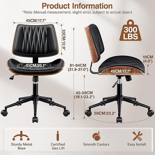 Ergonomic Armless Office Desk Chair - Mid-Century Modern Black Faux Leather with Diamond Stitch, Adjustable Height Swivel Rolling Task Computer Chair with Walnut Accent for Home Office, Study & Work