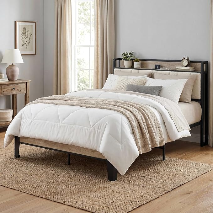 LIKIMIO Full Bed Frames, Bouclé Storage Headboard with Charging Station, Solid and Stable, Noise Free, No Box Spring Needed, Easy Assembly