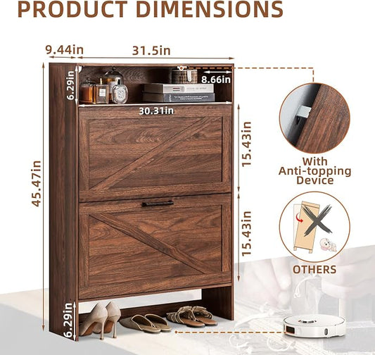 RWYHG Shoe Cabinet Storage for Entryway with 2 Flip Drawers Open Storage Layer Rack Narrow Organizer Slim Hidden Wood Shoe Cabinet Furniture Walnut