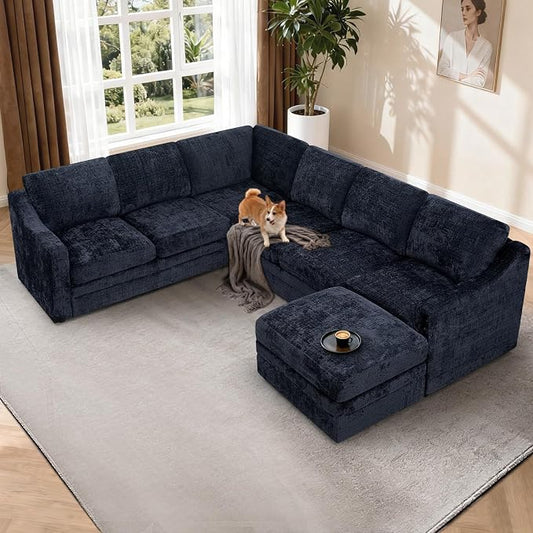 115 Inches Chenille Sectional Sofa with Storage Ottoman, Modern 7 Seats Corner Couch with Deep Seat, Comfy Modular U Shaped Couch with Comfortable Cushions for Living Room, Blue