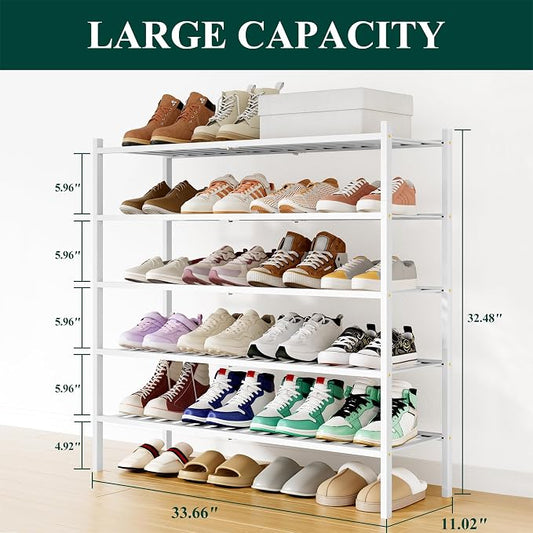 Smiry Long Bamboo Shoe Rack, 5 Tier Free Standing Wooden Shoe Organizer, Stackable Wood Shoe Storage Shelf for Closet, Entryway, 12 Vertical Slats, 2+2+1 Stack Standard Legs, 33.7"x11"x32.5", White