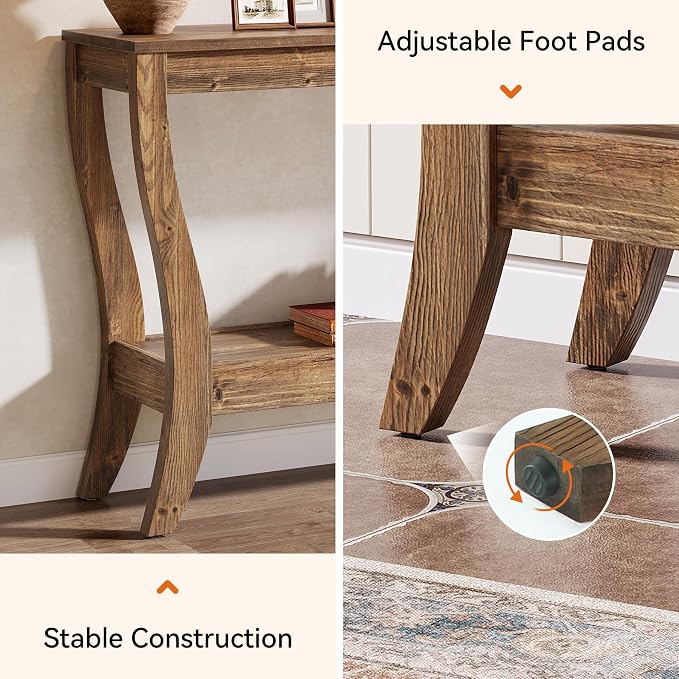 Solid Wood Console Table for Entryway, 41.3-Inch Farmhouse Sofa Table with Storage, 2-Tier Wooden Entrance Table for Living Room, Hallway, Foyer, (Brown)