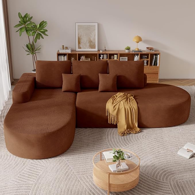 112" Modern Curved Cloud Couch, Corduroy Boneless Couches for Living Room with Deep Seat, Memory Foam Compressed Modular Sectional Sofa, No Assembly Required,Brown 1 PCS