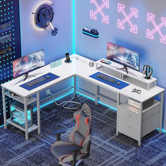 Furologee White 59” L Shaped Desk with Power Outlet, Reversible Computer Desk with File Drawer & 2 Monitor Stands, Corner Home Office Table with Storage Shelves for Gaming Writing