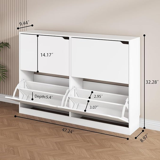 Shoe Storage Cabinet, Wood Shoe Organizer for Entryway with 3 Flip Drawers, Freestanding Shoe Rack with Adjustable Shelf, Narrow Shoe Dresser for Front Door Entrance (White, 4 Drawers)