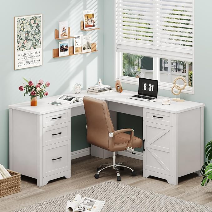 Halitaa 59" L Shaped Executive Desk, Farmhouse Home Office Desk with File Drawer,Storage Cabinet, Wood Corner Sturdy Writing Workstation.Cream White