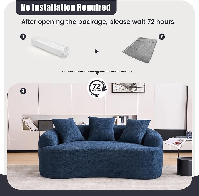 65" Curved Loveseat,Deep Seat Cloud Floor Couch with 3 Backrest,Cozy Chenille Fabric,Small Loveseat for Small Spaces,Bedroom,Office,Apartment (Blue, 65 Inch)