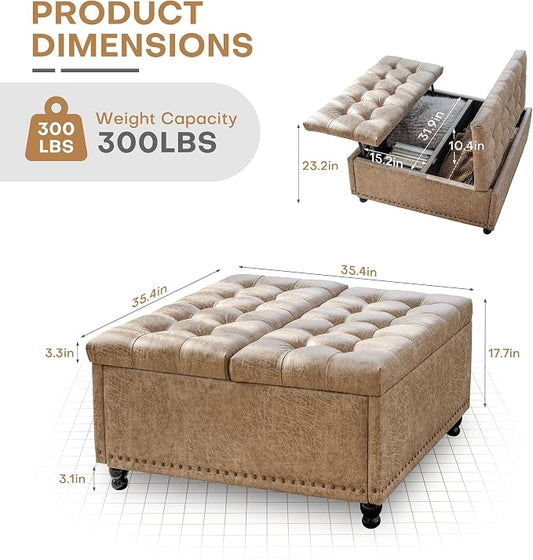 Redlife 35 Inch Large Square Storage Ottoman, Storage Ottoman Coffee Table with Lift Top Faux Leather Ottomans Bench Square Footrest Oversized Upholstered Coffee Table for Living Room (Champagne)