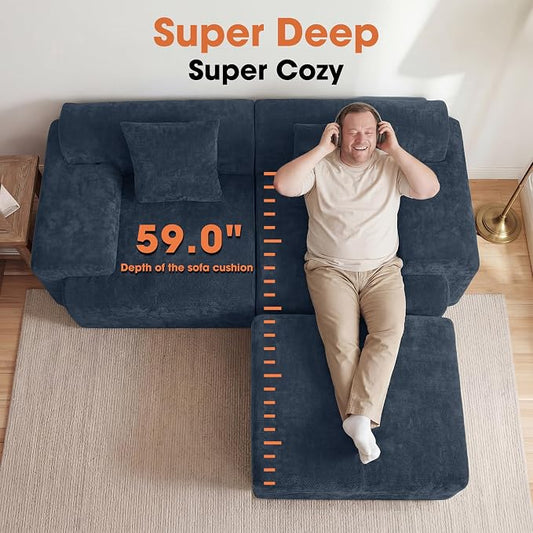 83.5" Boneless Loveseat with Ottoman, 30" Deep Seat Modular Sofa, Cloud Comfy Couches for Living Room, Apartment, Bedroom, No Assembly Required (Blue)