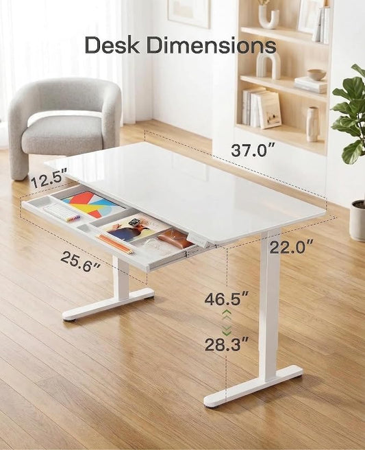 Marsail Glass Standing Desk with Drawer 37 x 22 Inches Stand up Desk Standing Desk Adjustable Height with One-Piece Tempered Glass Top, Ergonomic Home Office Desk with 4 Preset Heights White