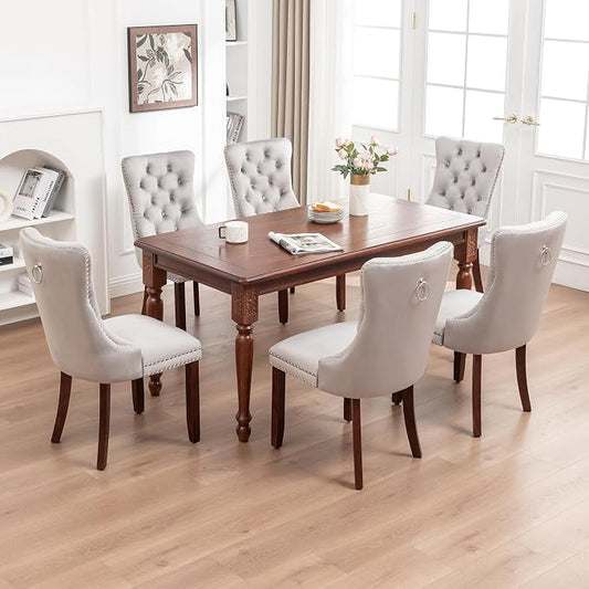 Mid Century Modern Dining Chair Set of 6 Velvet Upholstered Dining Accent Chair Farmhouse Dining Chairs with High Back and Nailhead Trim for Kitchen, Living Room, Bedroom (Light Gray)