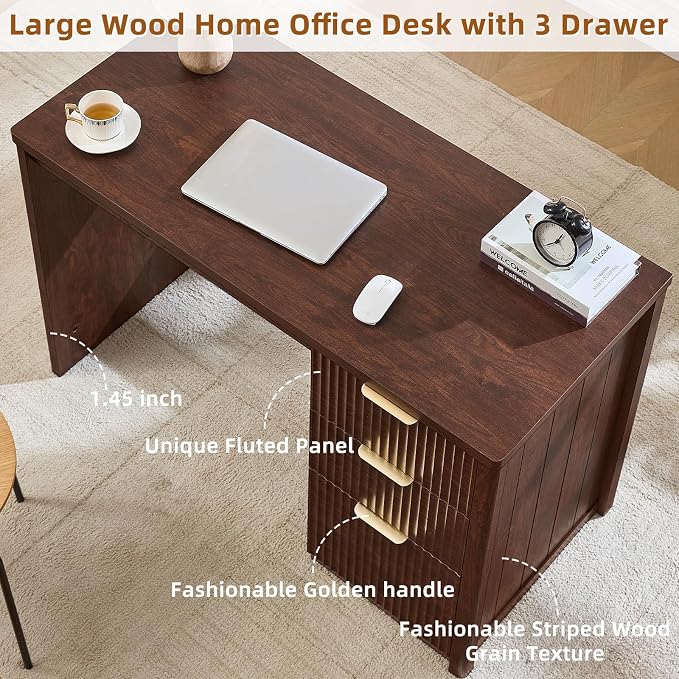 LEYAOYAO Office Desk 48" with 3 Drawers Storage File Cabinet Wood Fluted Desk for Computer Office Bedroom Home Furniture Walnut