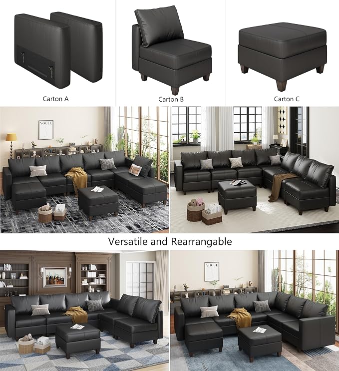 EASE MOOSE Faux Leather Modualr Sectional Couch with Storage,Black Faux Leather Modualr Sofa Couch