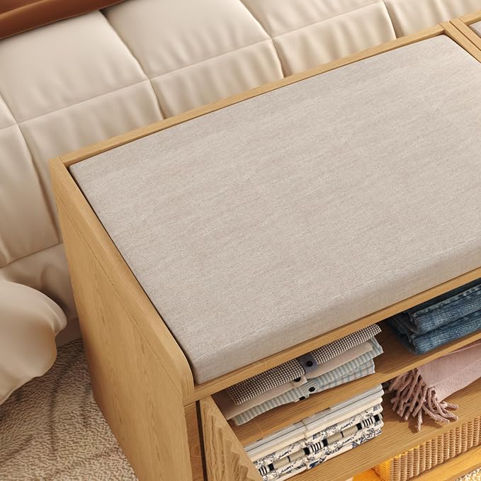 HOMEFORT 23.6" Fluted Shoe Storage Bench, Small Entryway Bench with Linen Seat Cushion, Shoe Cabinet Bench with Adjustable Shelf and Built-in LED Sensor Light, Bench for Bedroom End of Bed,Natural Oak