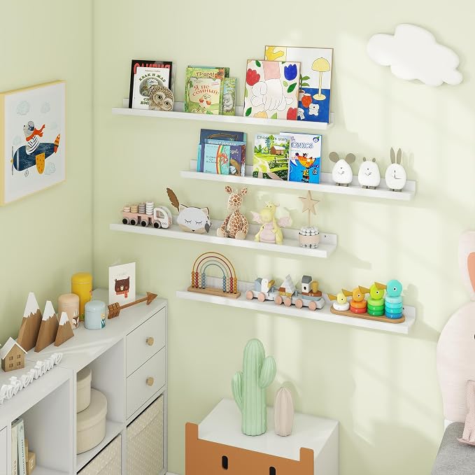 Axeman Picture Ledge Shelf | 36 Inch White Floating Shelves Set of 4 | Rustic Wood Wall Shelves with Lip | 36" White Picture Shelves for Wall with Ledge | Photo Shelves