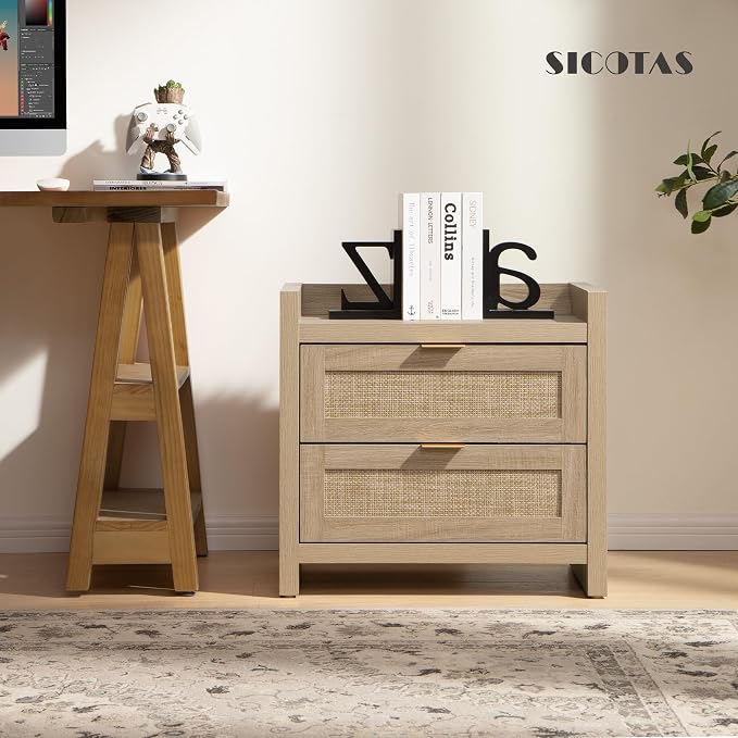 SICOTAS Rattan Nightstand Bedside Table - Night Stand with Type-C Charging Station, 2 Drawers Storage - Boho Night Stands End Table for Bedroom - Light Oak