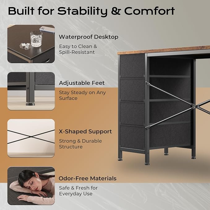 Huuger 63 Inch L Shaped Desk with Fabric Drawers, Reversible Computer Gaming Desk with Power Outlets and USB-C Port, Adjustable Side Storage Shelves, for Work Study Corner Home Office, Black