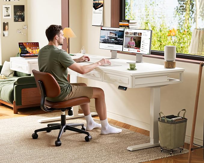 OffiGo L Shaped Electric Standing Desk with Wooden Drawers, 63 Inch Height Adjustable Corner Workstation with Power Outlets, Sit Stand Table for Home, Office, White
