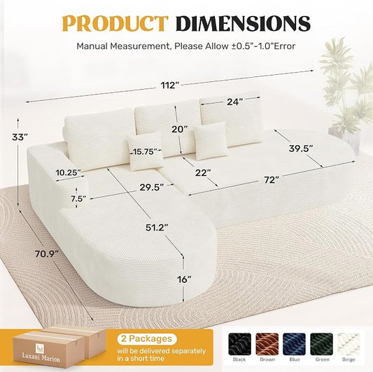 112" Modern Curved Cloud Couch, Boneless Couches for Living Room with Deep Seat, Memory Foam Compressed Modular Sectional Sofa, No Assembly Required,Beige 1 PCS