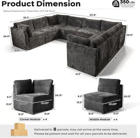 ovios Modular Sectional Sofa Couch with U-Shape Chaise Oversized, Comfy Plush Corduroy Cloud Couches, Modern Luxury Deep Seat Sofas Set for Living Room, 8-Seater, Grey