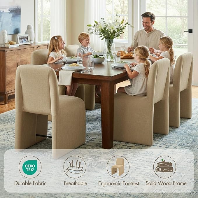 Hyfirm Upholstered Dining Chairs Set of 4,Modern Armless Desk Chair with Metal Footrest for Diningroom Bedroom Livingroom Reading Room,Khaki Fabric